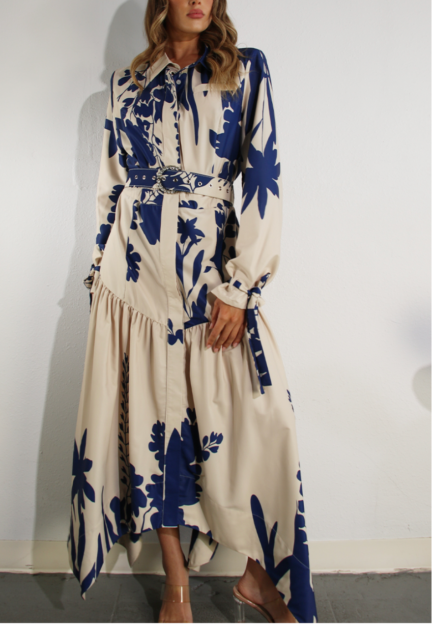 Maria Print Belted Long Sleeve Tie Maxi Dress