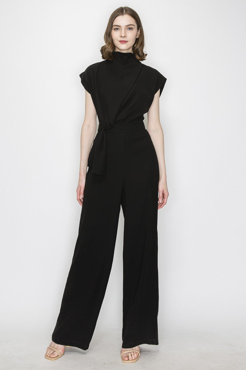 High Collar Knotted Detail Short Sleeves Jumpsuit