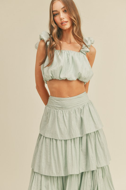 Celine Ruched Crop Top And Tiered Ruffle Maxi Skirt Set