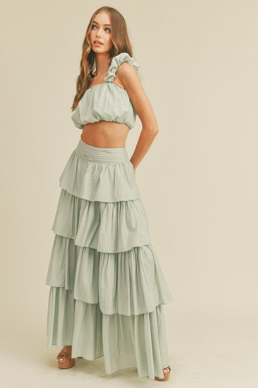 Celine Ruched Crop Top And Tiered Ruffle Maxi Skirt Set