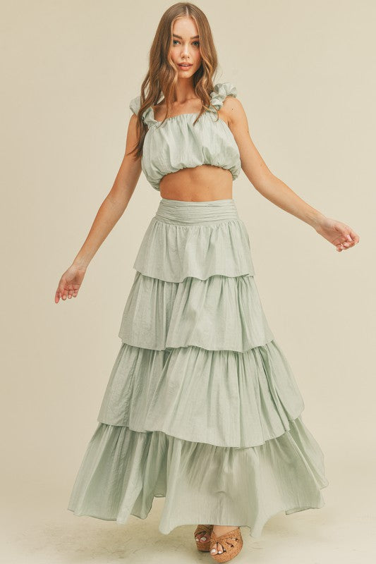 Celine Ruched Crop Top And Tiered Ruffle Maxi Skirt Set