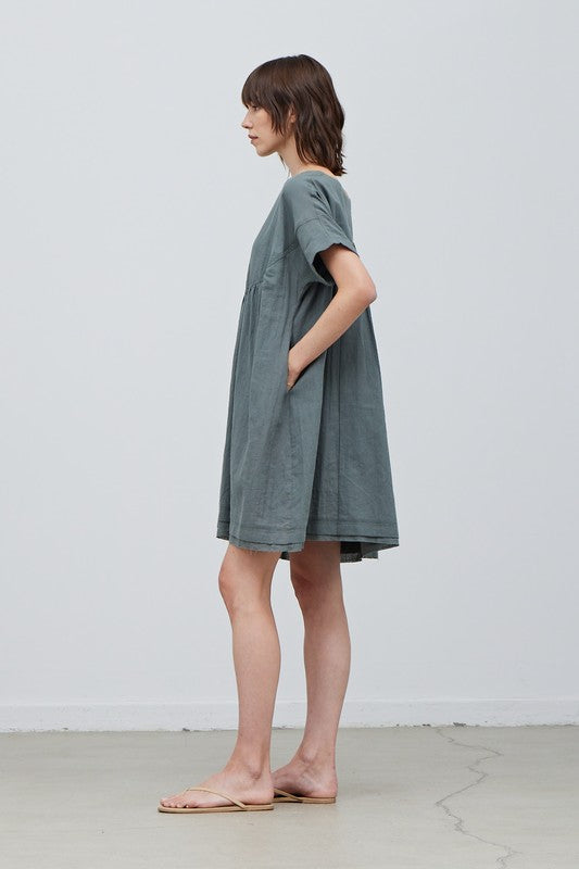 Dusty teal round yoke linen dress