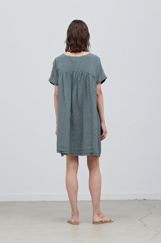 Dusty teal round yoke linen dress