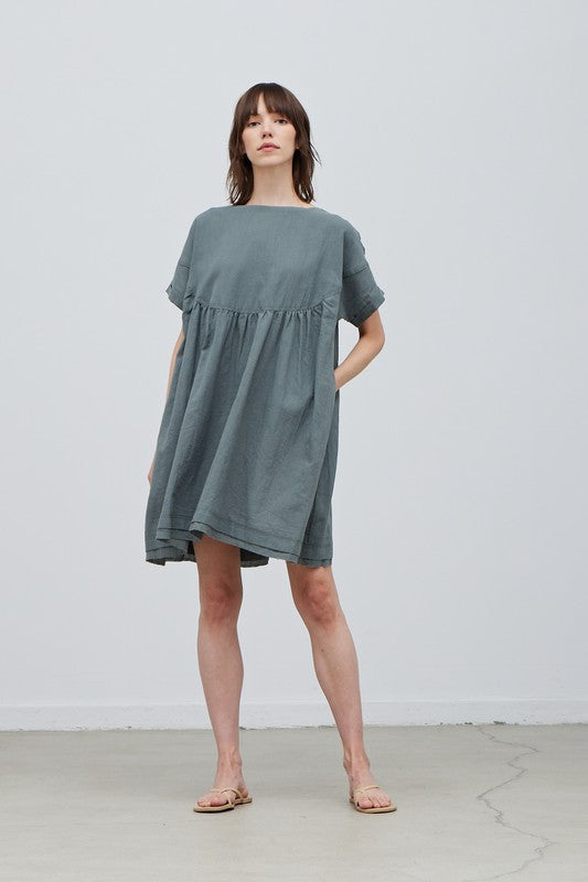 Dusty teal round yoke linen dress