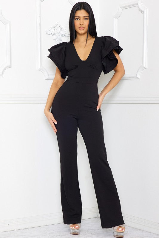 Double layer ruffle shoulder sleeve jumpsuit.