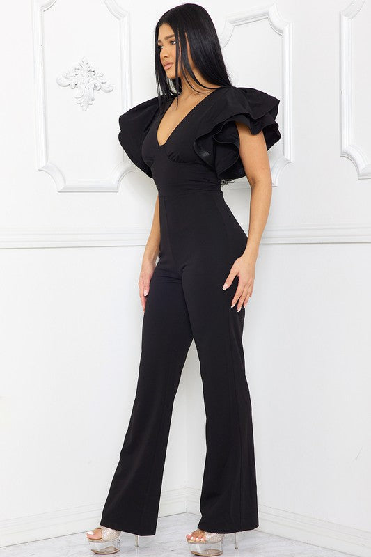 Double layer ruffle shoulder sleeve jumpsuit.