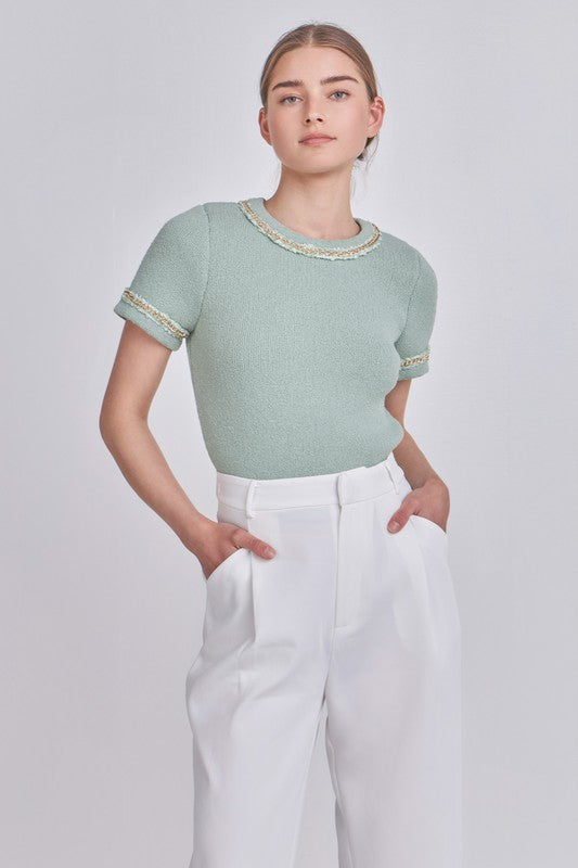 Chain Trim Knit Short Sleeve Top