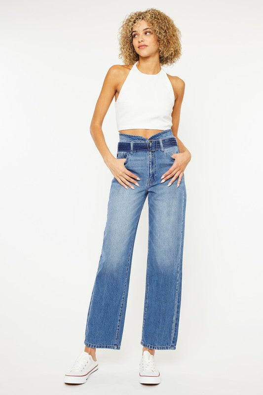 High Rise Belted Paper-bag Straight Jeans