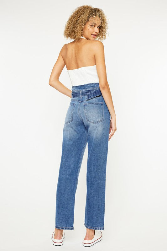 High Rise Belted Paper-bag Straight Jeans