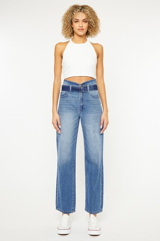 High Rise Belted Paper-bag Straight Jeans