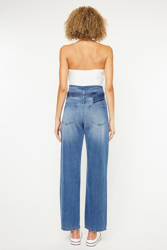 High Rise Belted Paper-bag Straight Jeans