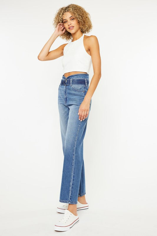 High Rise Belted Paper-bag Straight Jeans