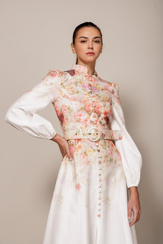 Faten Printed Button Down Long Sleeves Midi Dress