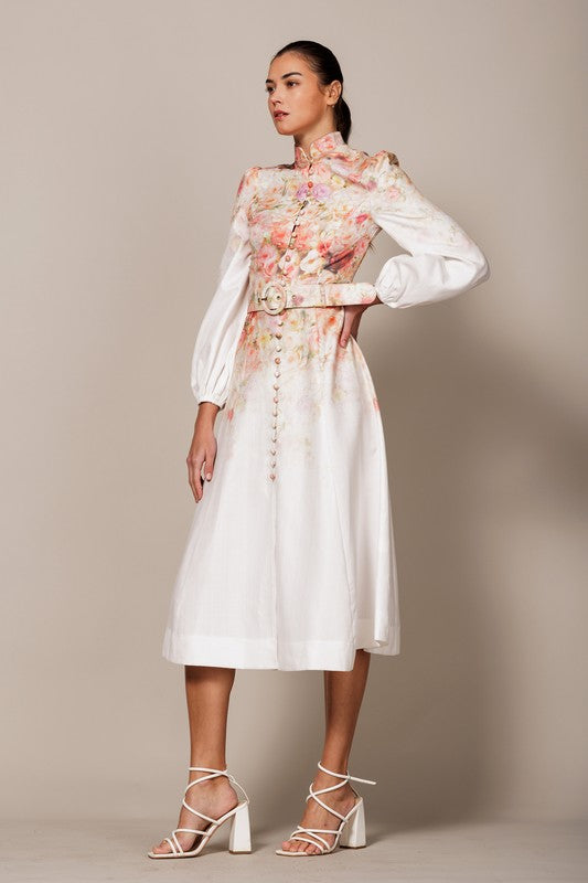 Faten Printed Button Down Long Sleeves Midi Dress