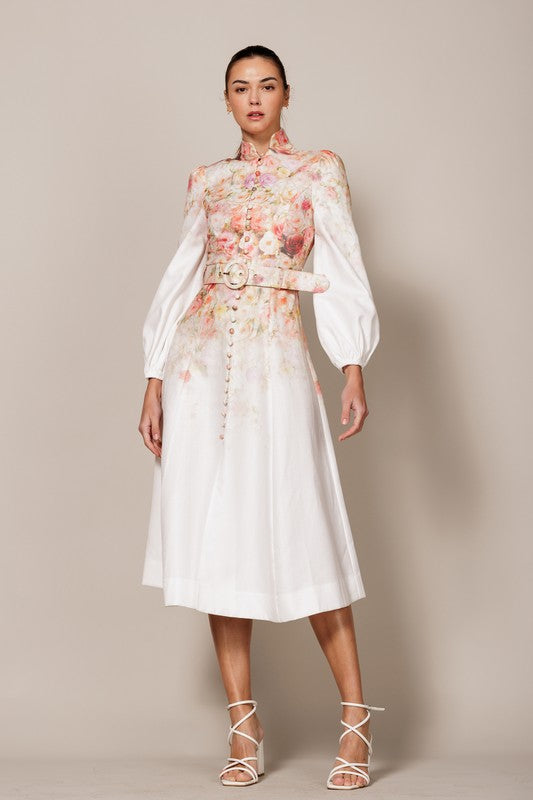 Faten Printed Button Down Long Sleeves Midi Dress