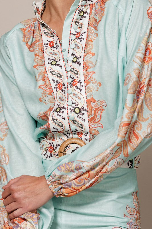 Roua HIGH NECK BUTTON DOWN PAISLEY BLOUSE