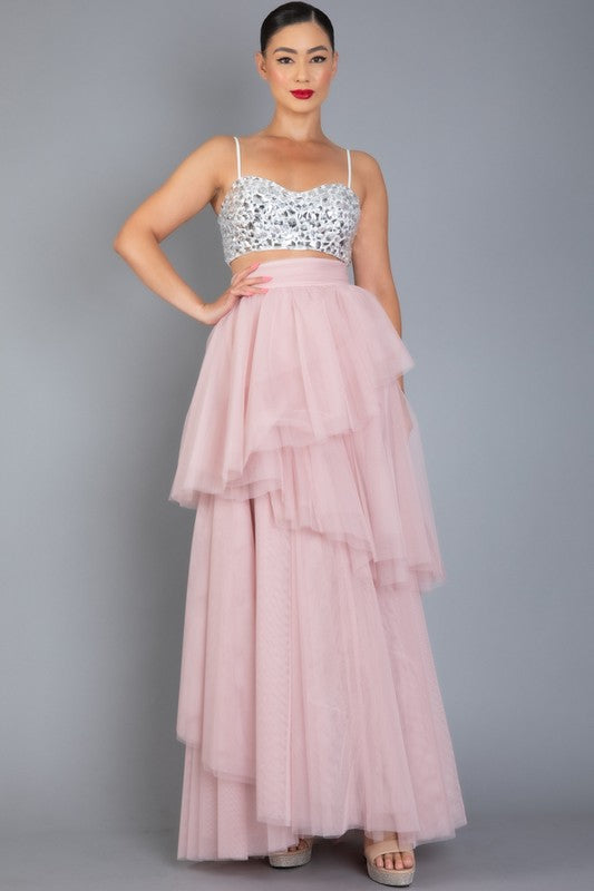 Rosa SOLID MESH LAYERED TULLE MAXI SKIRT