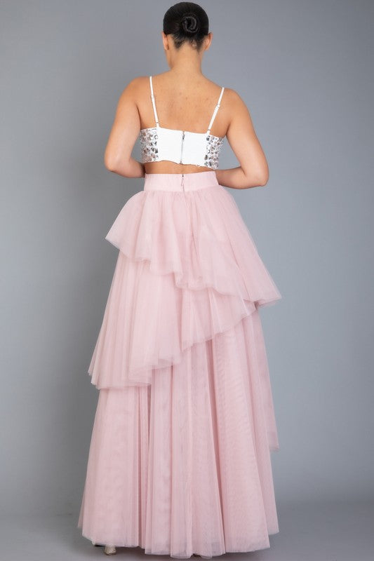 Rosa SOLID MESH LAYERED TULLE MAXI SKIRT