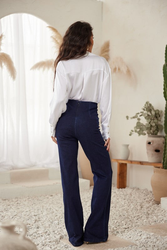 HIGH WAIST DENIM PANTS WITH BUTTON DETAIL