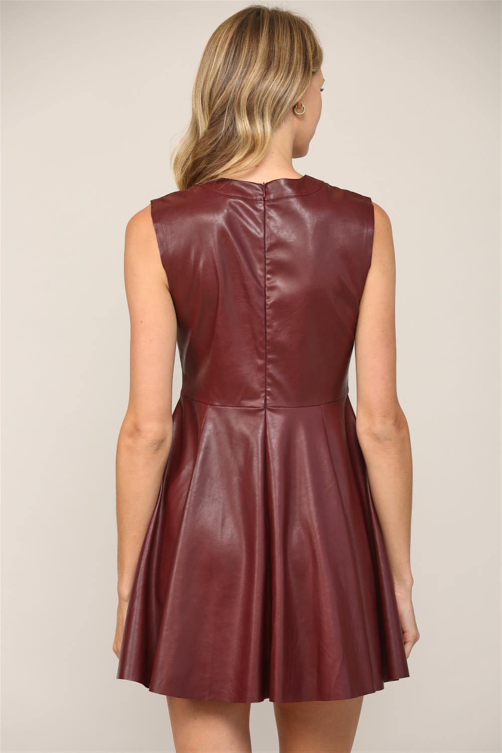 Sleeveless Faux Leather Flared Dress