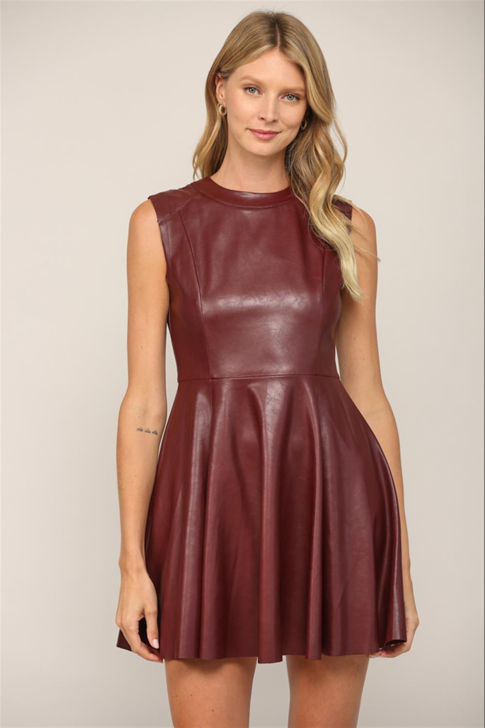 Sleeveless Faux Leather Flared Dress