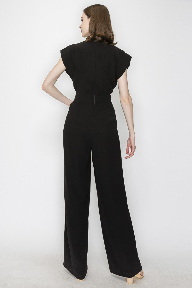 High Collar Knotted Detail Short Sleeves Jumpsuit