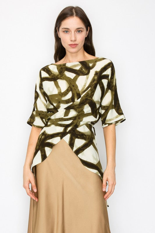 Abstract print wrap tie side style top