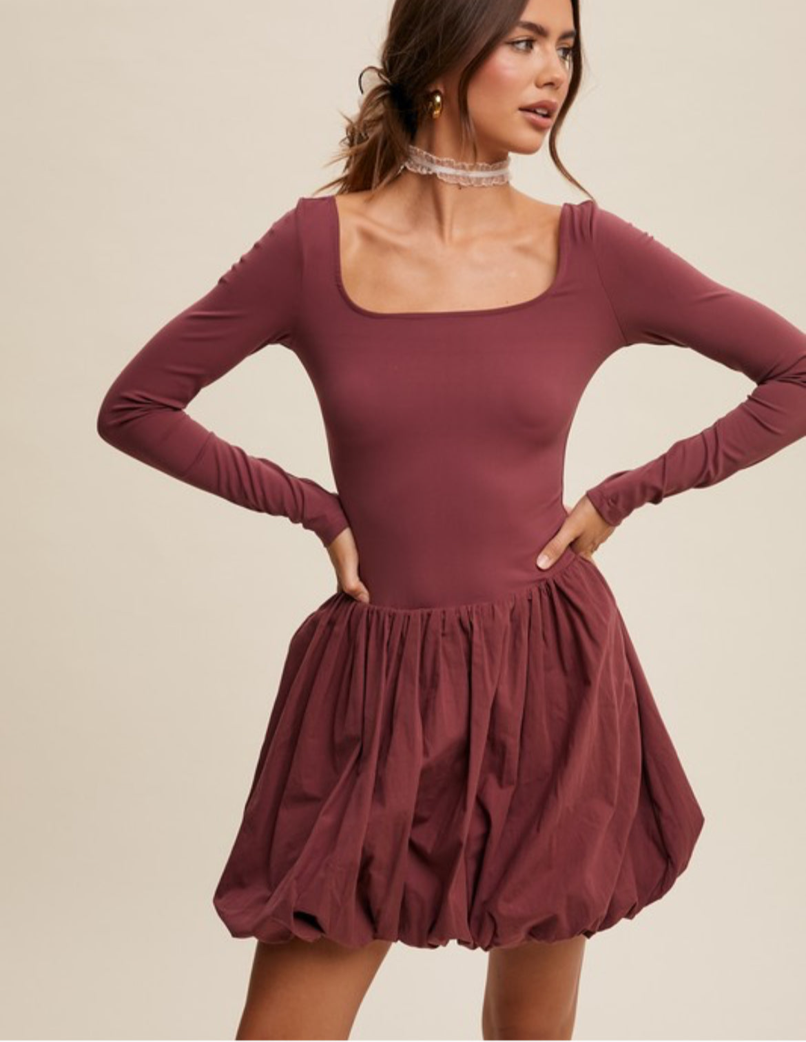 Alia Long sleeves bubble skirt dress/Romper