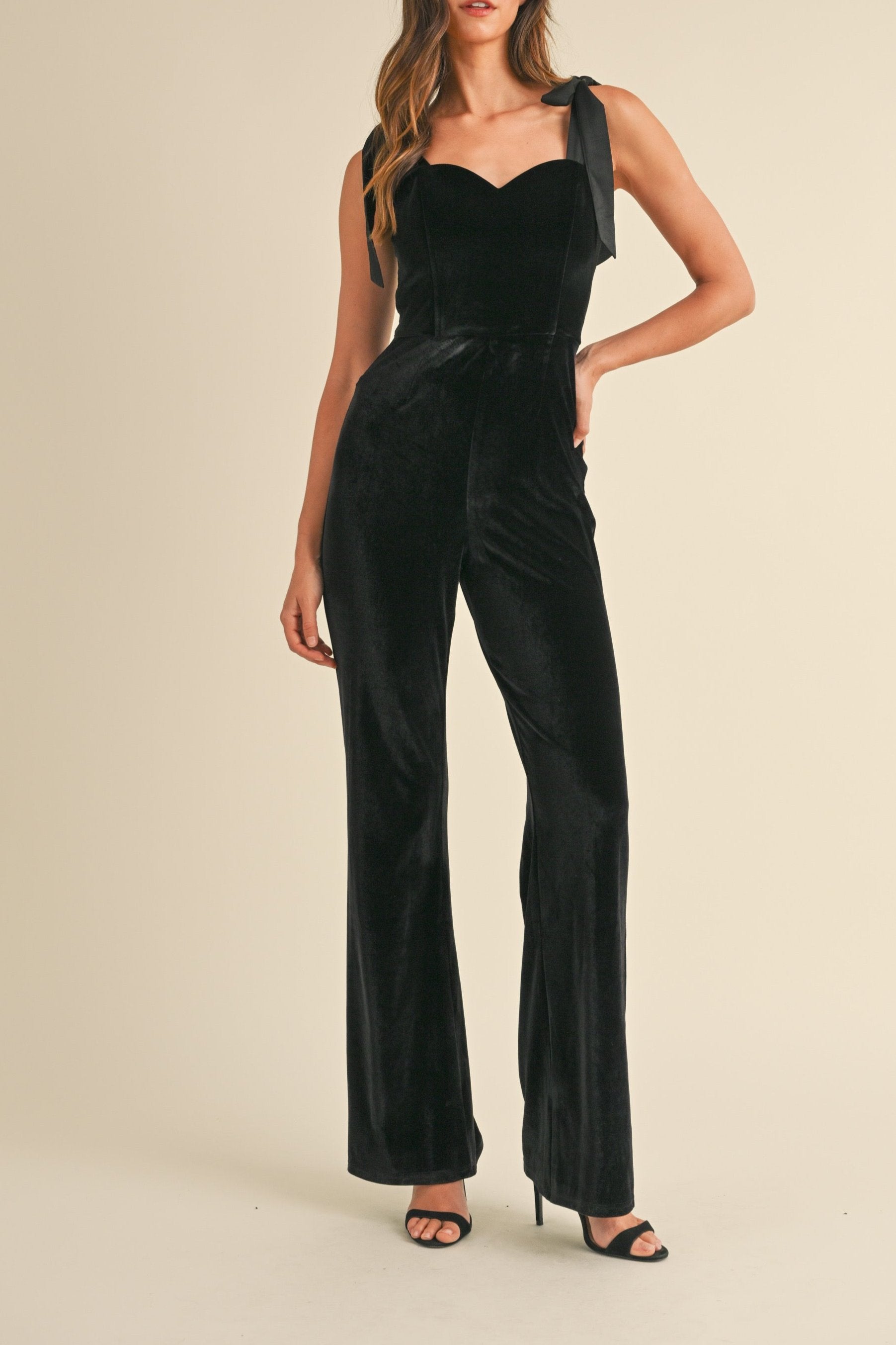 Nadia Velvet Jumpsuit With Satin shoulder tie