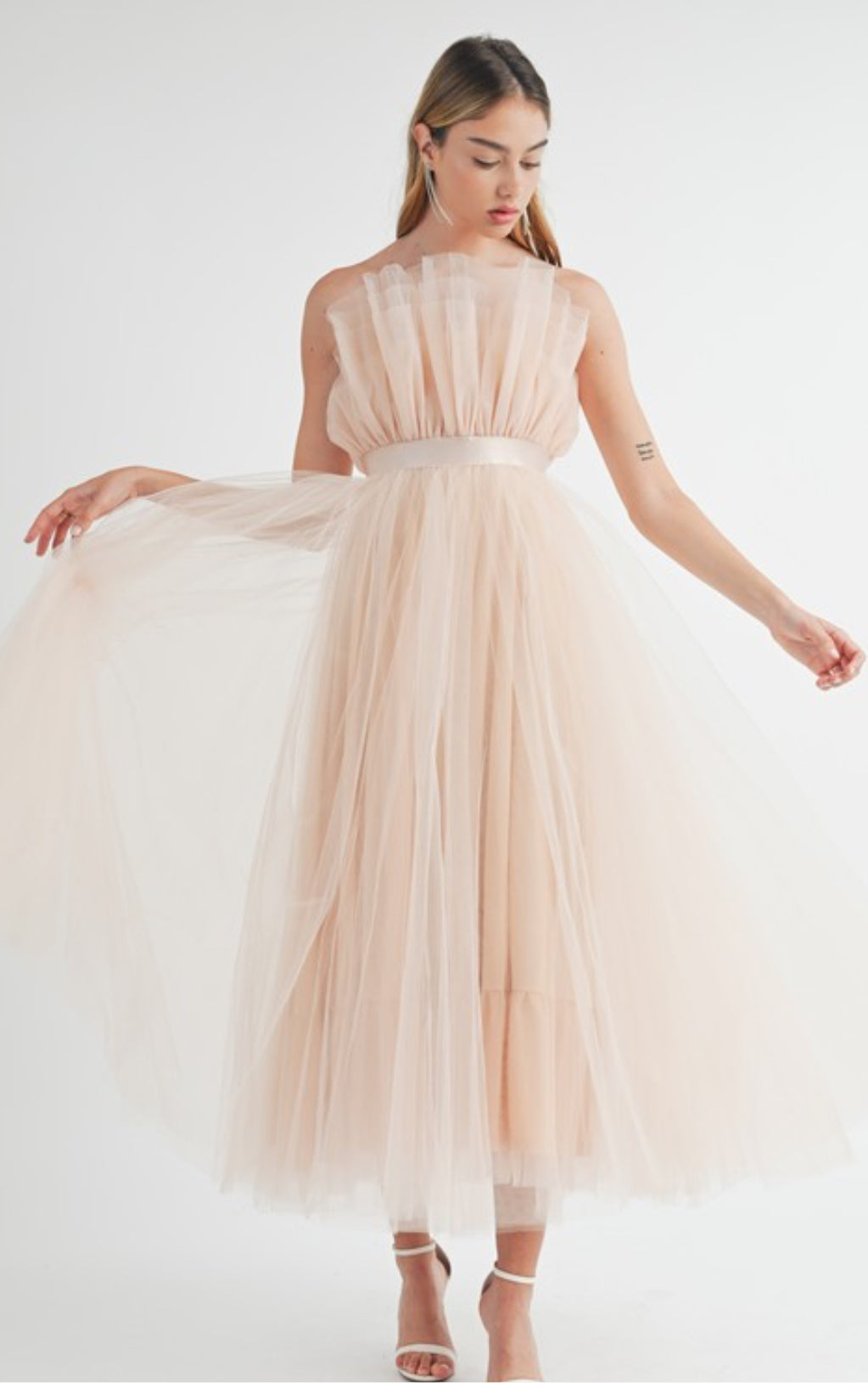 Dream Tulle Mesh Belted Midi Dress