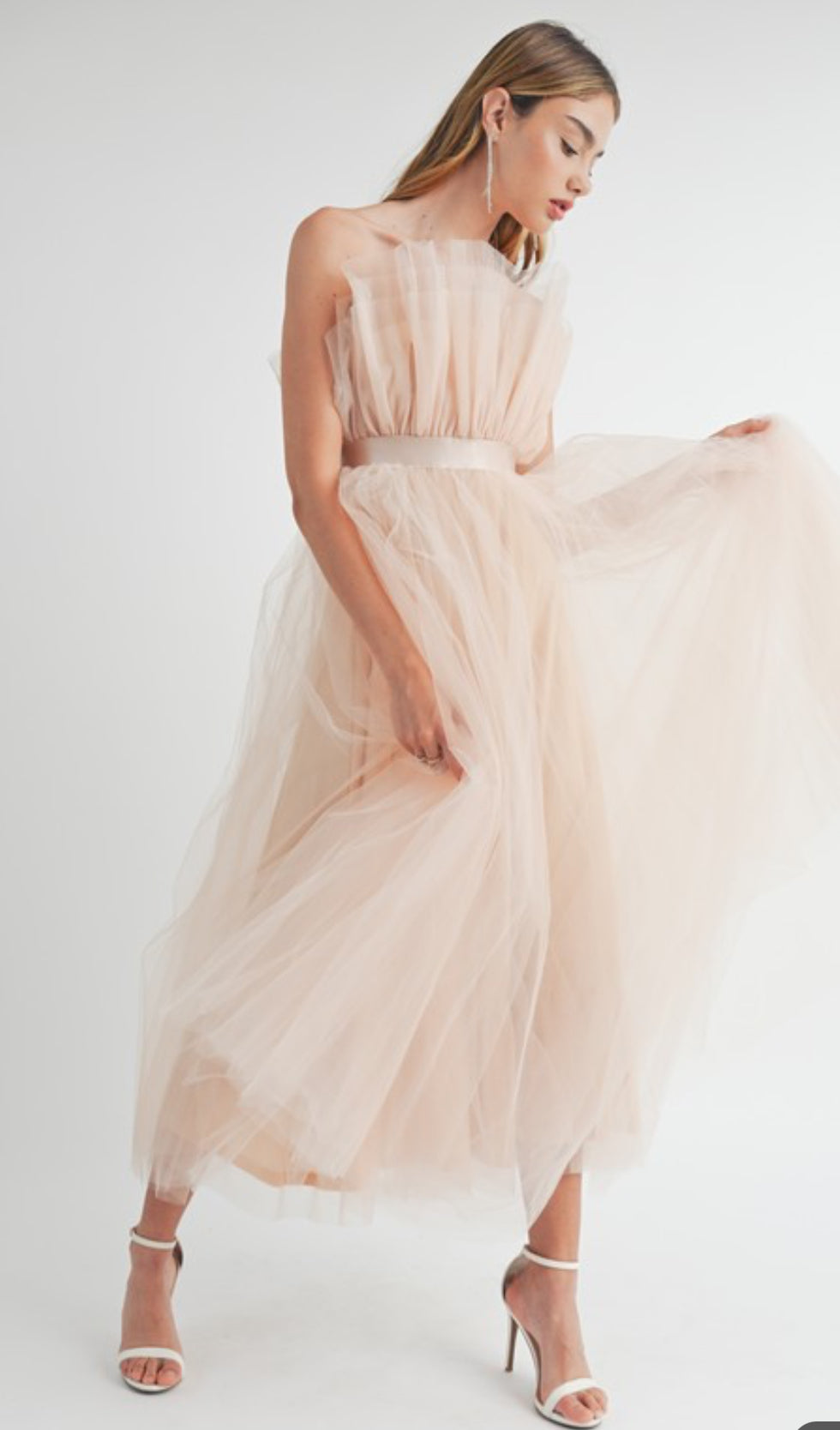 Dream Tulle Mesh Belted Midi Dress