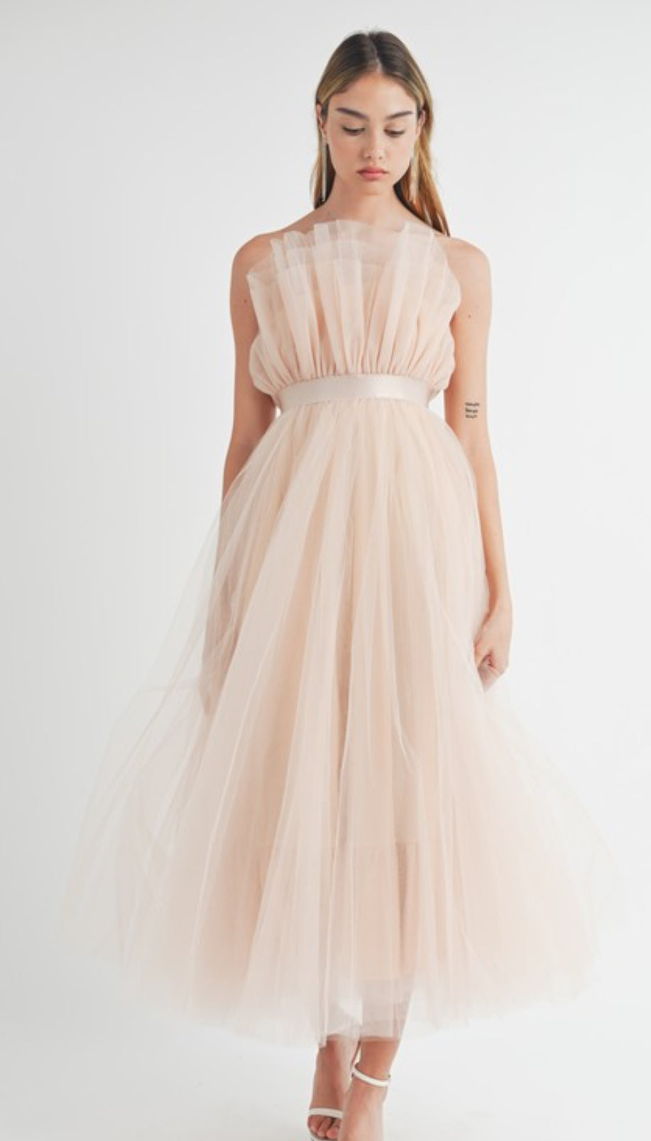 Dream Tulle Mesh Belted Midi Dress