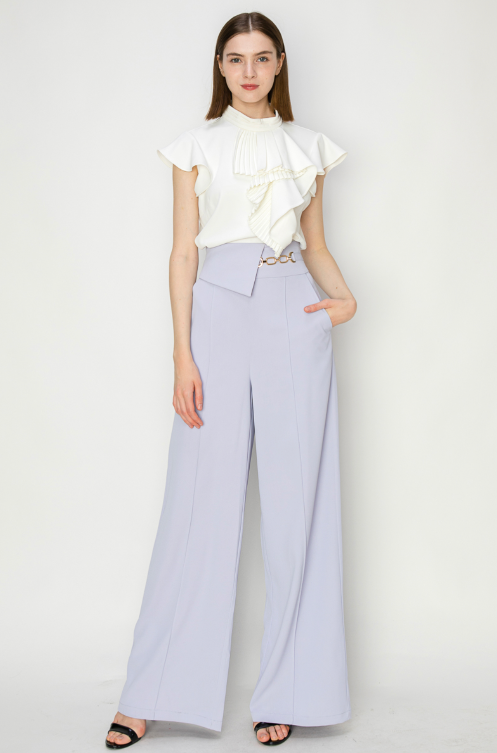 High Waist Buckle detail wide pants.