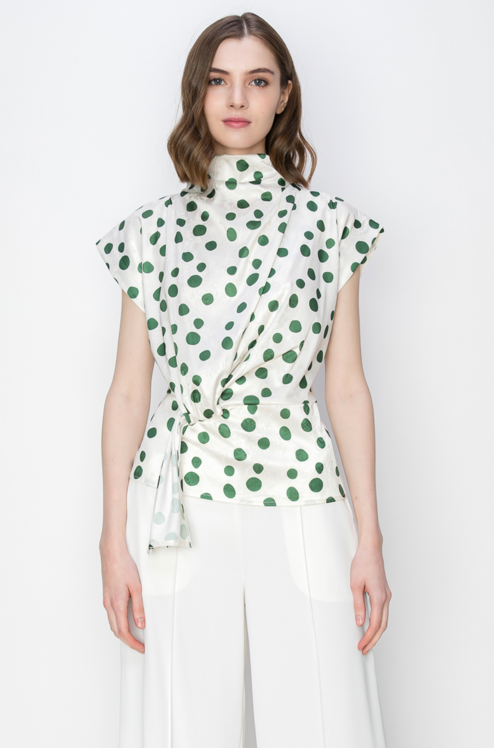 Yara Cowl Neck Polka Dot Printed Short Sleeves Top