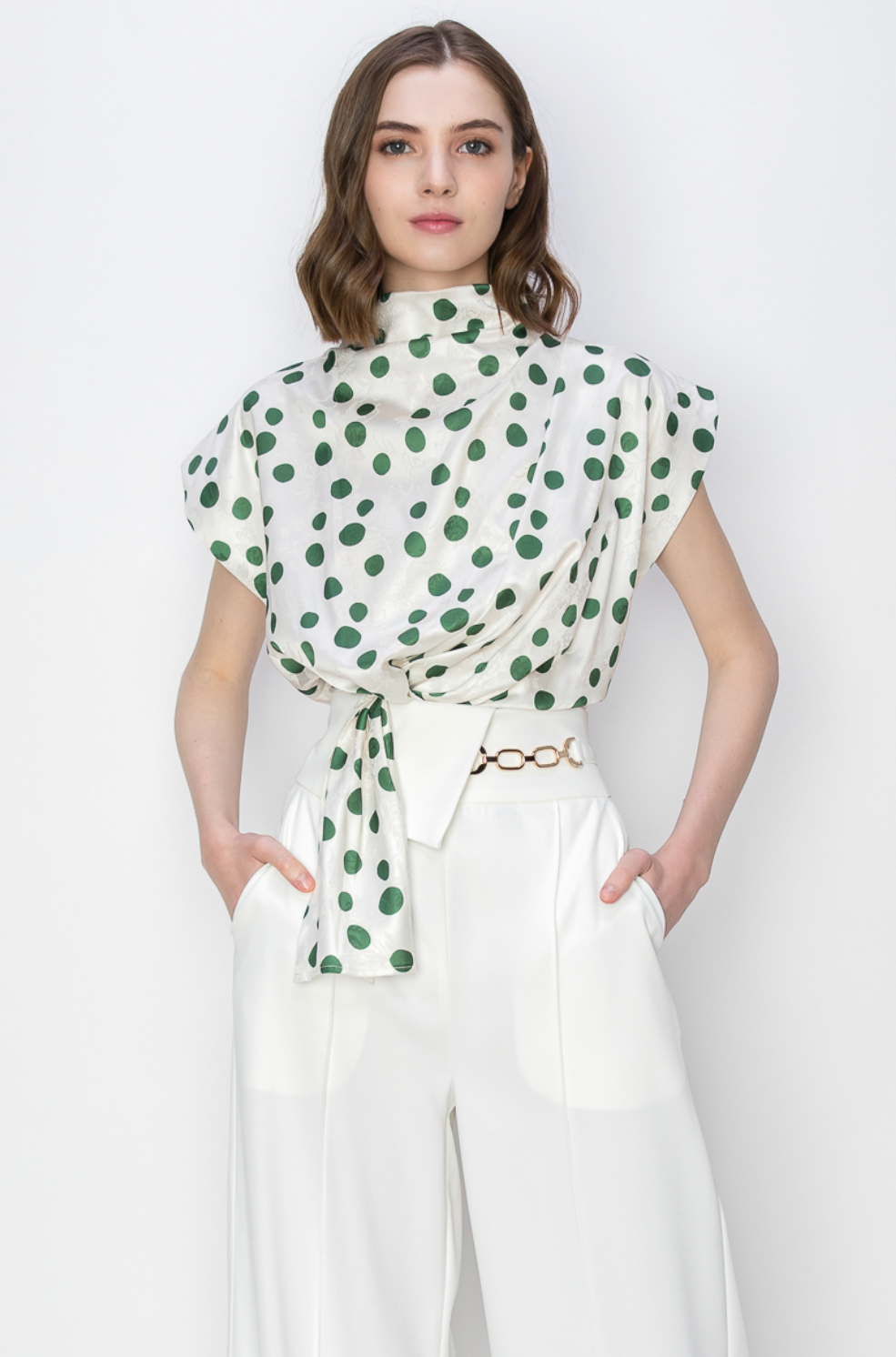 Yara Cowl Neck Polka Dot Printed Short Sleeves Top