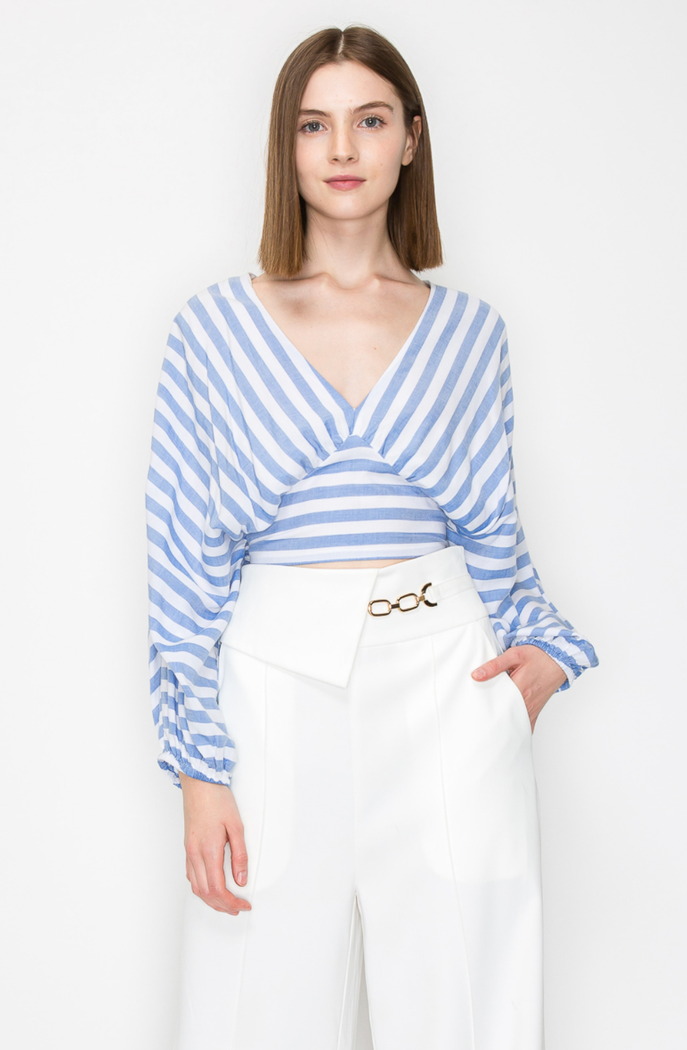 V neck long sleeve blue white stripe blouse