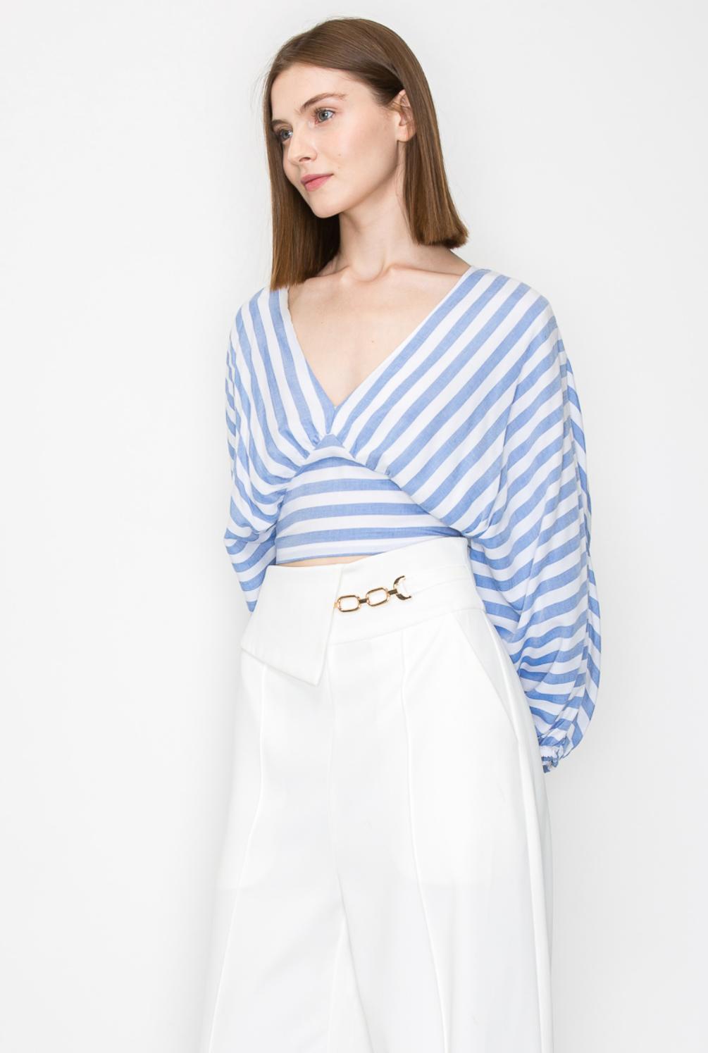 V neck long sleeve blue white stripe blouse