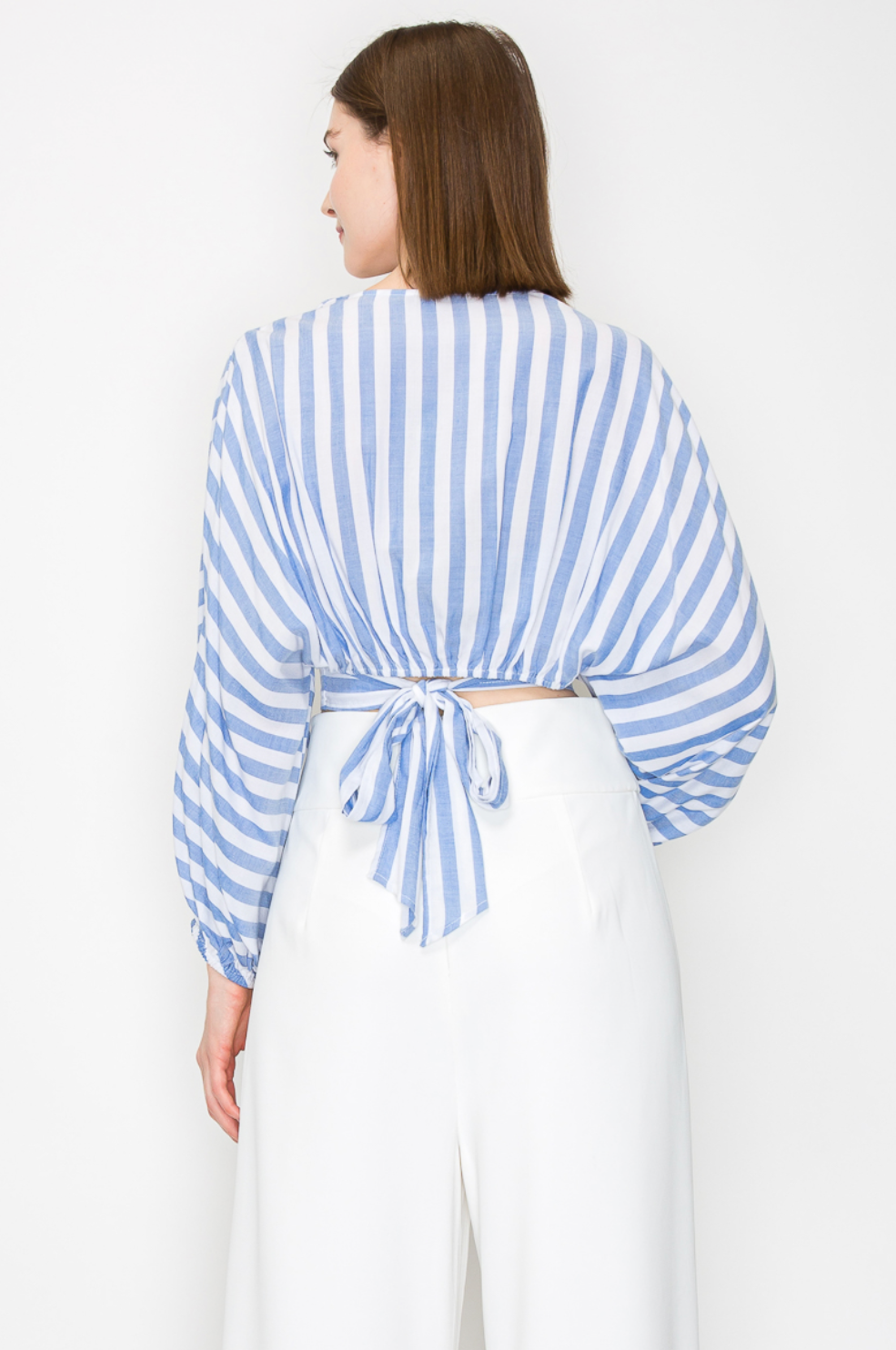 V neck long sleeve blue white stripe blouse