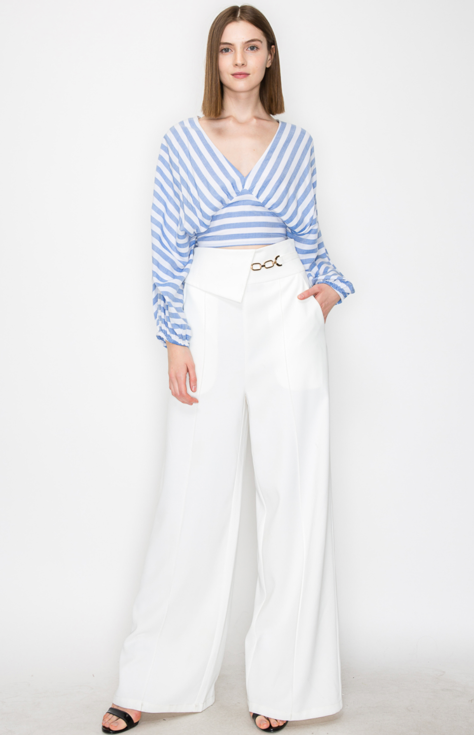 V neck long sleeve blue white stripe blouse