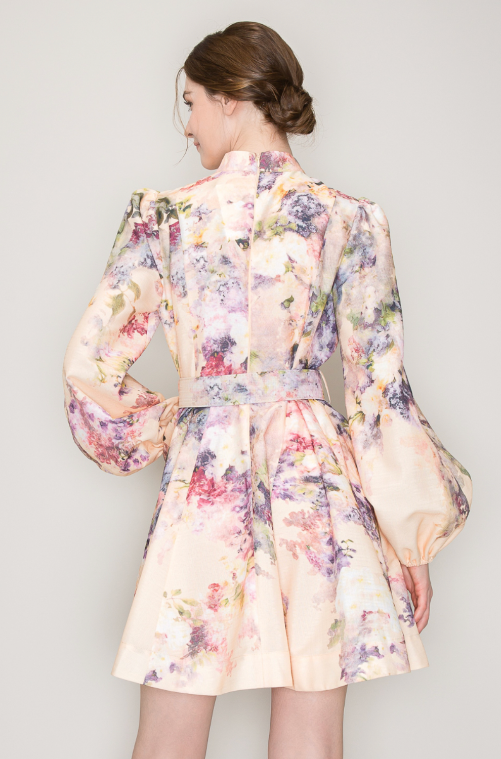 Long Sleeves Floral Print Belted-Waist Dress