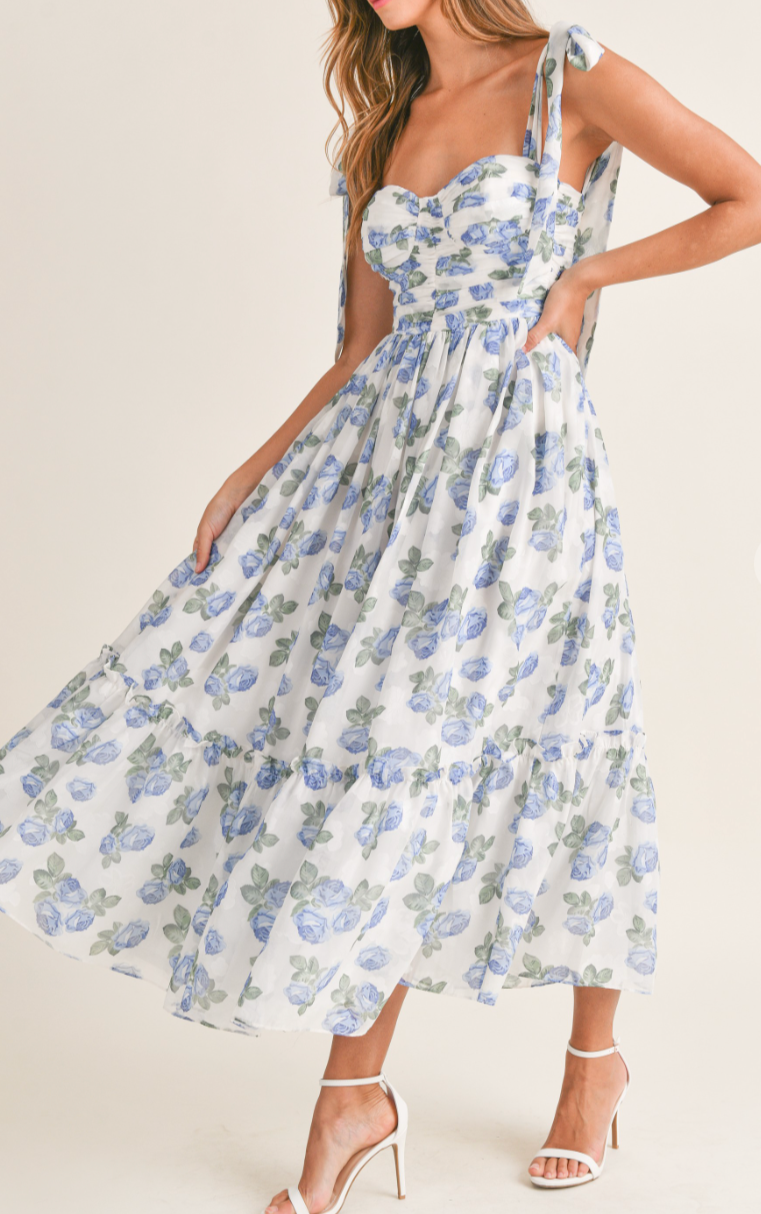 FLORAL RUCHED MIDI DRESS WITH SHOULDER TIE