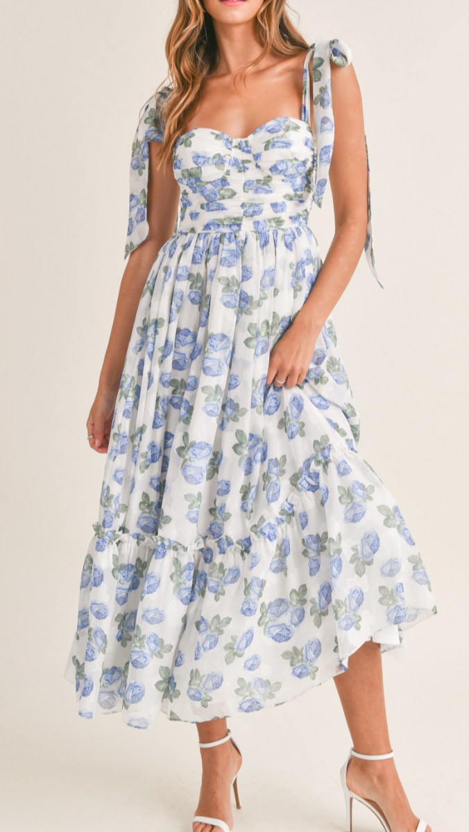 FLORAL RUCHED MIDI DRESS WITH SHOULDER TIE