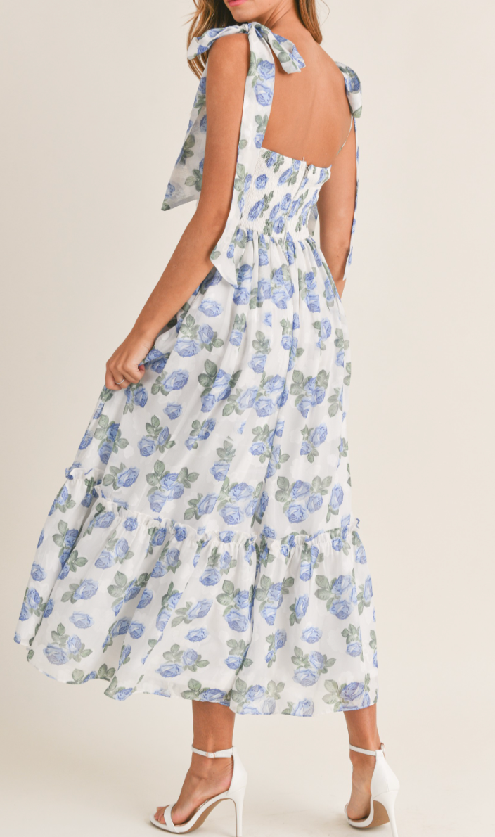 FLORAL RUCHED MIDI DRESS WITH SHOULDER TIE