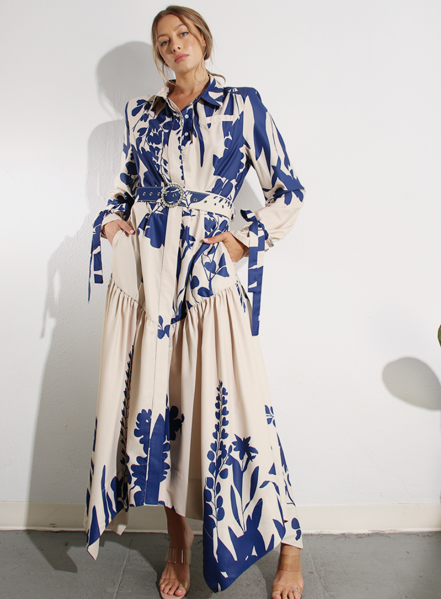 Maria Print Belted Long Sleeve Tie Maxi Dress