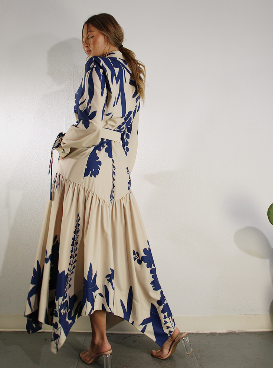 Maria Print Belted Long Sleeve Tie Maxi Dress