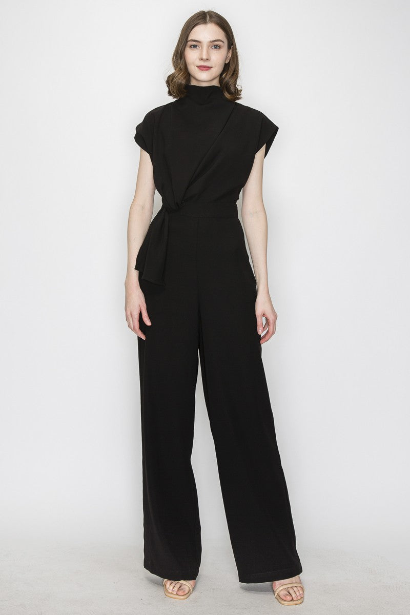 High Collar Knotted Detail Short Sleeves Jumpsuit