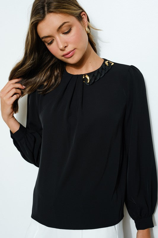 Alexa Long Puff Sleeve Chain Detail Blouse