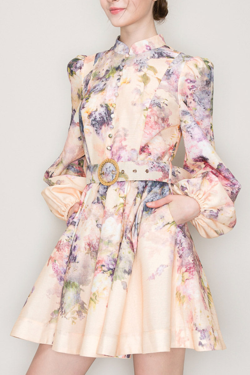 Long Sleeves Floral Print Belted-Waist Dress