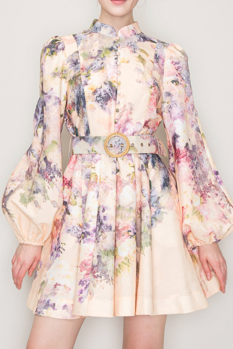 Long Sleeves Floral Print Belted-Waist Dress