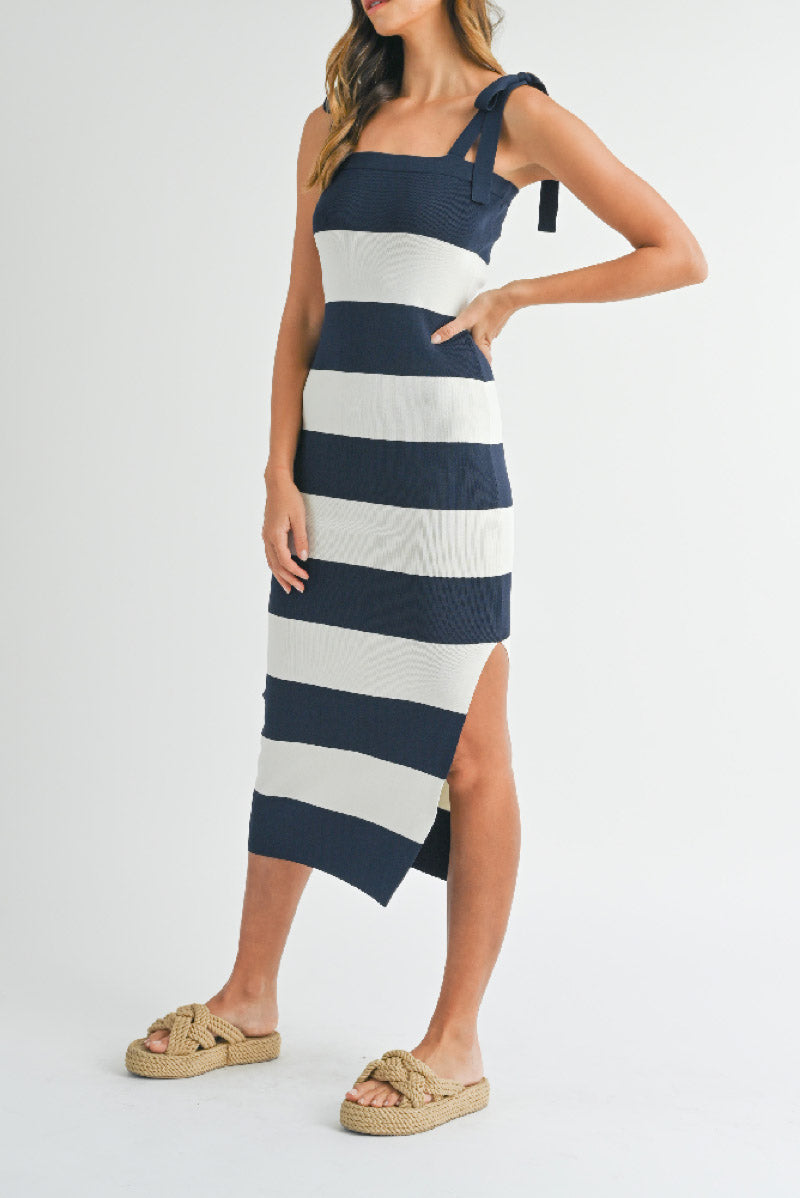 Bow Shoulder Stripe Sweater Dress